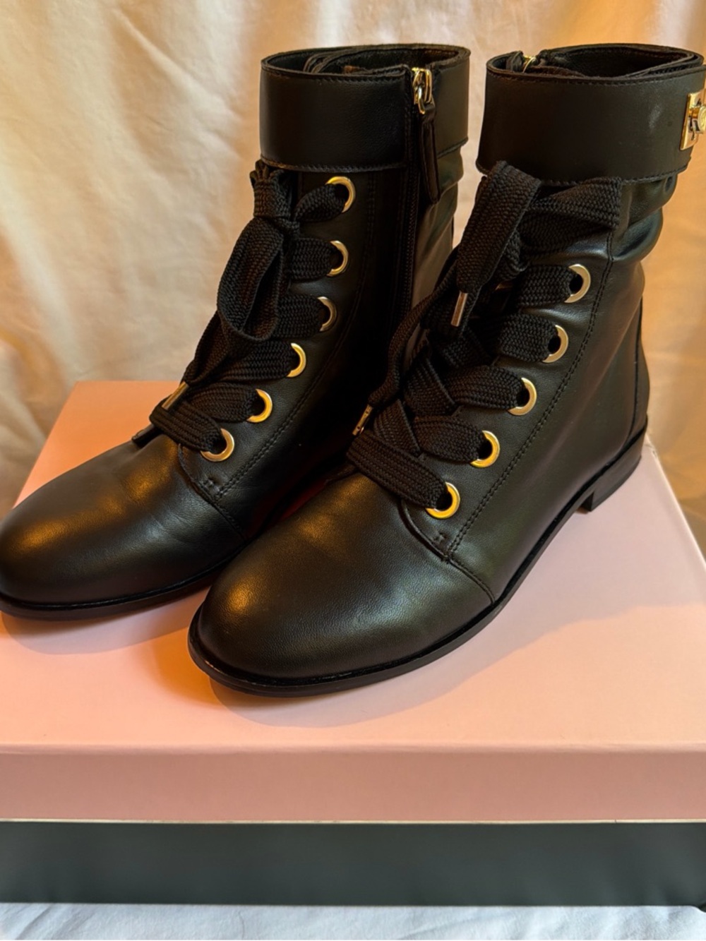 kate spade Black Lace-Up Leather Ankle Boots with Gold Eyelets